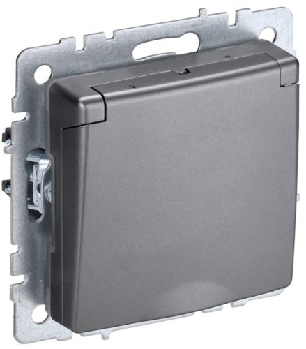 Розетка с заземлением без рамки IEK Brite РСбш10-3-44-БрС 1-м. крышка шторки IP44 сталь картинка